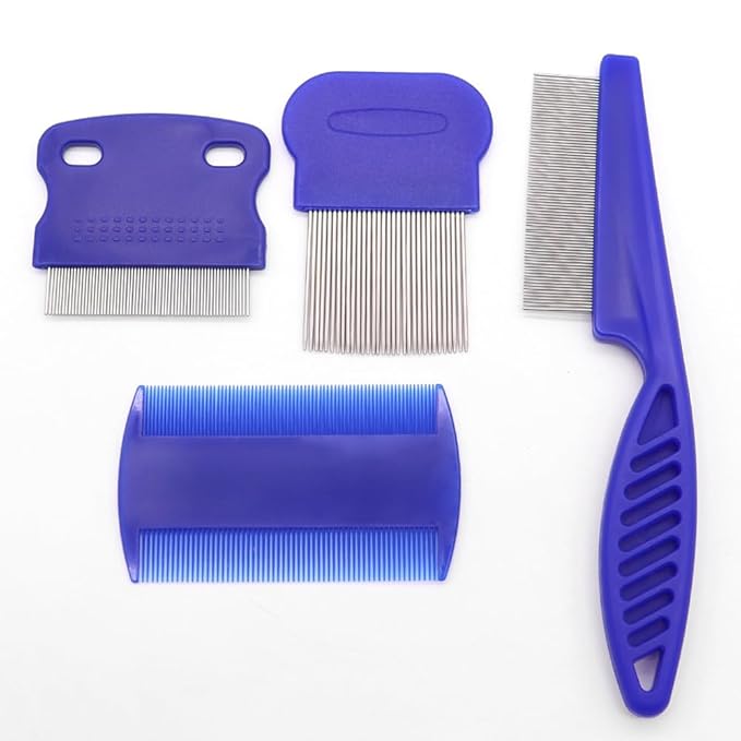 Pet Flea Lice Comb Grooming Kit, 4 Pieces, Dense Toothed Comb for Lice and Fleas Removal, Dematting Tool for Small, Medium & Large Pets,Blue