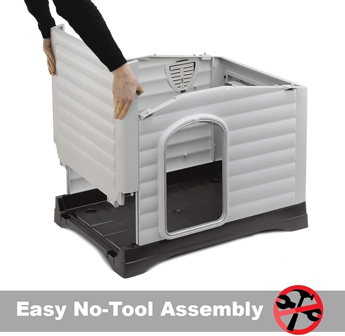 Ferplast Dog Villa XS Dog House for Extra Small Dog Breeds, Measures 23Lx17Wx18H Inches, Ventilated with Patented Fold-Out Porch, Cream with Dark Brown Bottom, Part # 87252799US1