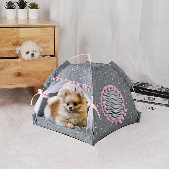 Cat Bed Tents Dog House Indoor Outdoor Lace Mesh Breathable Windows Door Curtains Removable Portable Nest Teepe House (Medium,Gray&Pink)