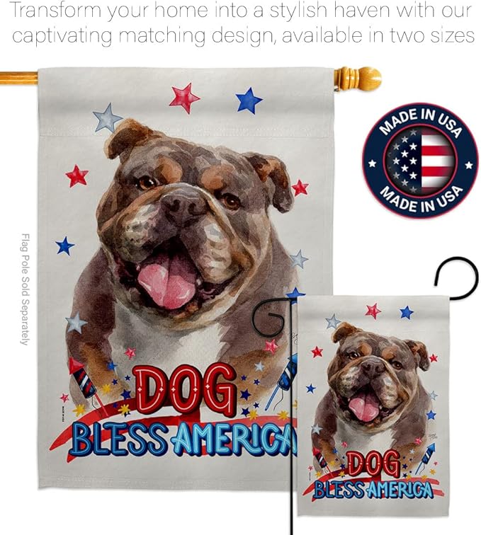 Breeze Decor Patriotic Chocolate Bulldog House Flag Dowel Set Dog Puppy Spoiled Paw Canine Fur Pet Nature Farm Animal Creature Banner Small Garden Yard Gift Double-Sided, Made in USA