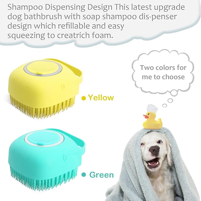 ELEGX Pet Grooming Bath Massage Brush with Soap and Shampoo Dispenser Soft Silicone Bristle for Long Short Haired Dogs Cats Shower (3 PCS(Yel+Blu+Hard Brush))