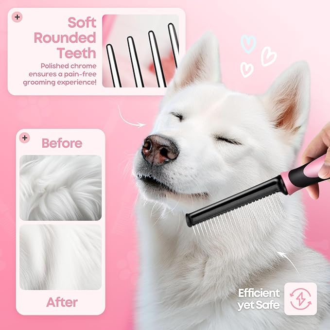 Flexzion Dog Comb - Pet Cat Grooming Trimmer Brush Stainless Steel Blade for Small Animal Puppy Matted Tangles Hair Cutting Removing Tool with Rounded Teeth Needle Soft Grip Handle (Pink)