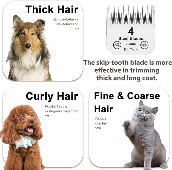 4 Skip Tooth Blades,Detachable Pet Dog Grooming Steel Blade,Compatible with Andis,Oster A5,Wahl KM10 Series Clippers,Cut Length 3/8-Inch (9.5mm)