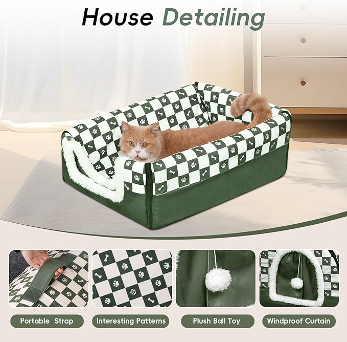 Dog House Indoor, Cozy Dog Cave Bed with Door Curtain, Cushion Mat, Removable and Washable Cover, Multi-Purpose Covered Dog Bed & Cat House for Kitten Puppy Rabbit