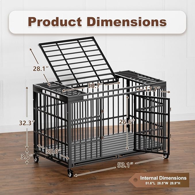 54 Inch Heavy Duty Dog Crate with Wheels,Indestructible Escape-Proof Dog Cage for Large Dogs, Extra Large XL XXL Indestructible Dog Crate with Removable Tray.