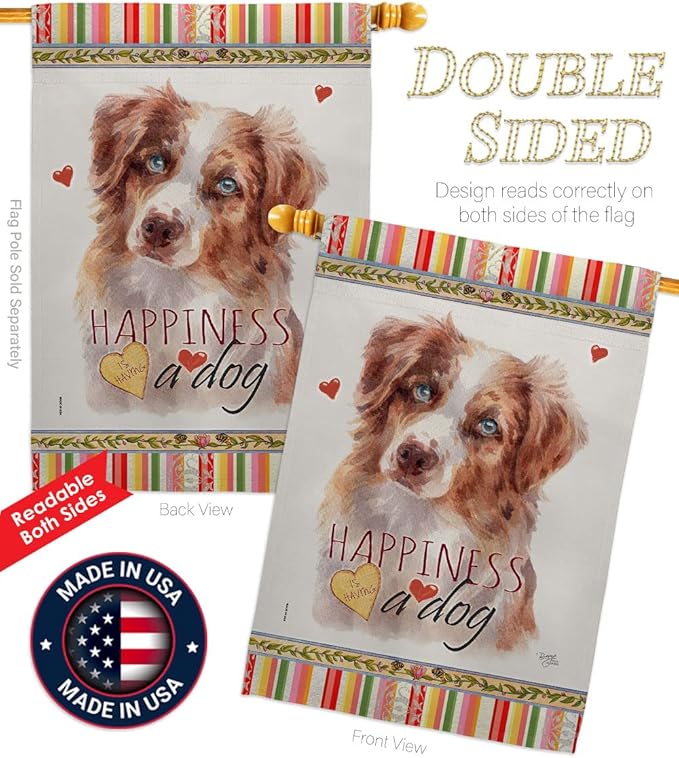 Breeze Decor Red Australian Shepherd Happiness House Flag-Pack Dog Puppy Spoiled Paw Canine Fur Pet Nature Farm Animal Creature Applique Banner Small Garden Yard Gift Double-Sided, Made in USA