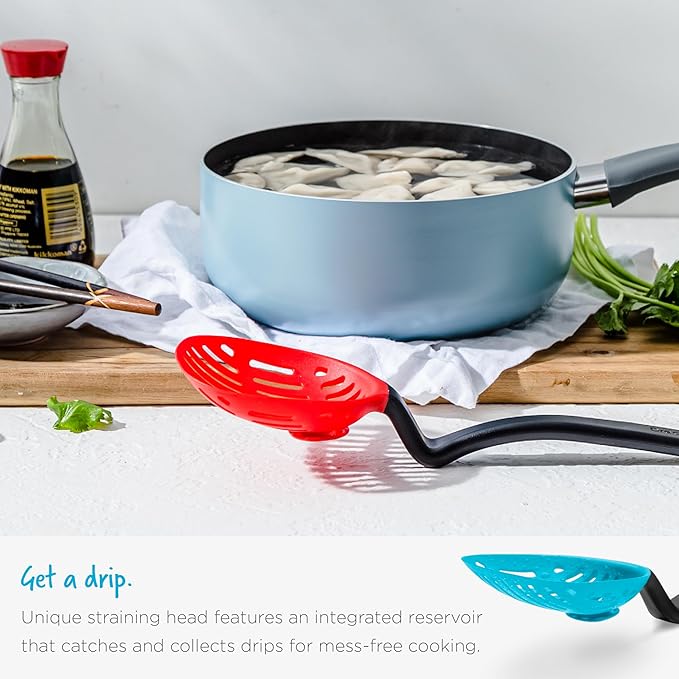 Dreamfarm Lestrain 2-in-1 Drip-Catching Sit-Up Slotted Cooking Spoon Scoop & Strainer - 11" Green