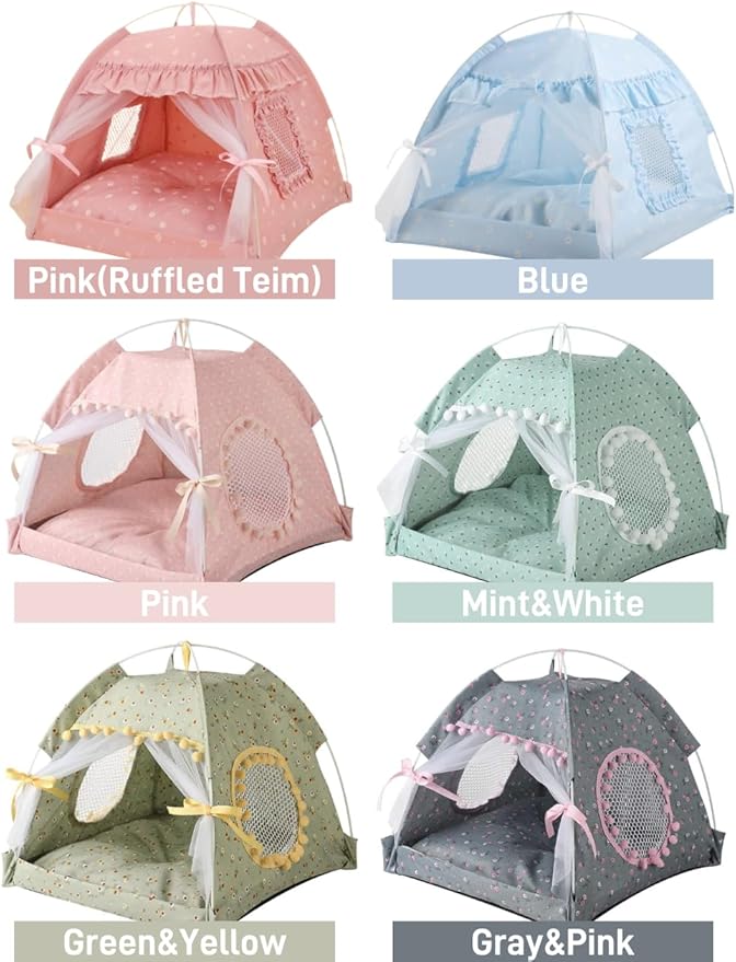 Cat Bed Tents Dog House Indoor Outdoor Lace Mesh Breathable Windows Door Curtains Removable Portable Nest Teepe House (Small,Mint&White)