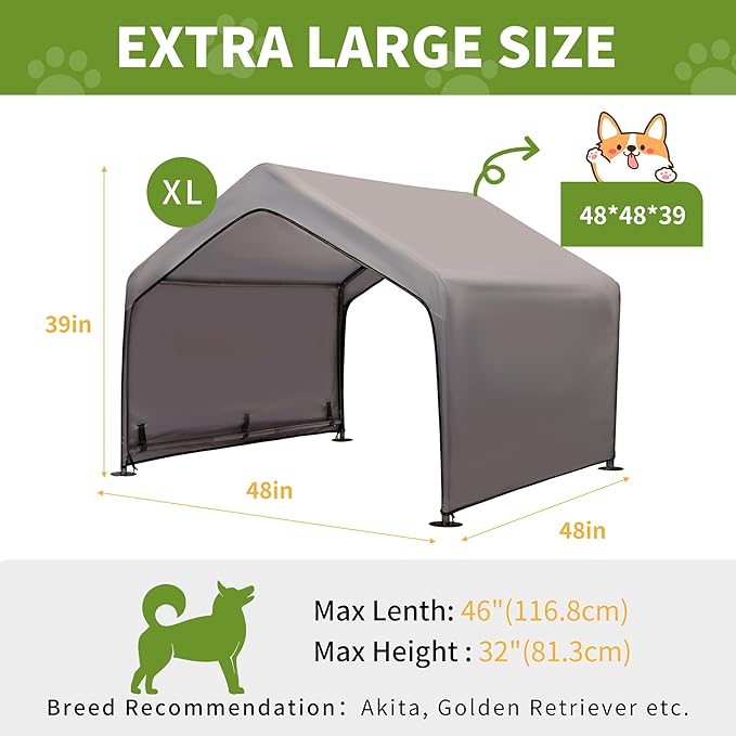 Extra Large Dog House Outside, Dog Tent Outdoor, Big Dog Shade Shelter Doghouse Canopy, Water Resistant Dog shelter with Ground Nail, Gray Sun Rain Cover for Pet Cat Livestock 4'x 4'x 3.3