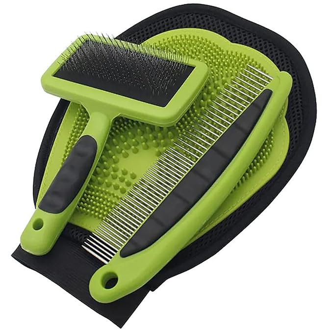 Dog Grooming Brush Kit Pet Comb Metal Pet Comb Pet Glove (Green)