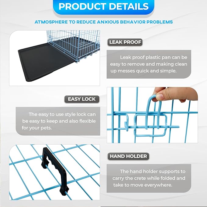 FDW Dog Crate for Medium Dogs 36 Inch Folding Metal WirePet Cage Double Door W/Divider Panel Indoor Outdoor Kennel Leak-Proof Plastic Tray,Blue