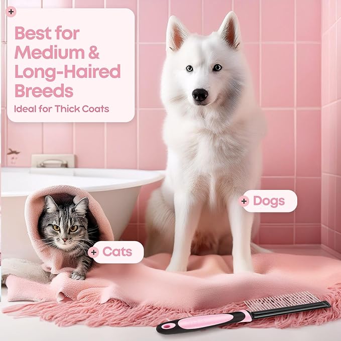Flexzion Dog Comb - Pet Cat Grooming Trimmer Brush Stainless Steel Blade for Small Animal Puppy Matted Tangles Hair Cutting Removing Tool with Rounded Teeth Needle Soft Grip Handle (Pink)
