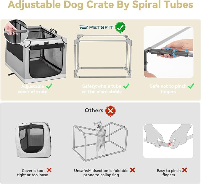 PETSFIT Soft Sided Dog Crate, Travel Dog Crate - 30 Inch Easy Set-up, Light, Sturdy, Comfy Inside with Thicken Mat, Collapsible Kennel for Home and Travel Light Grey