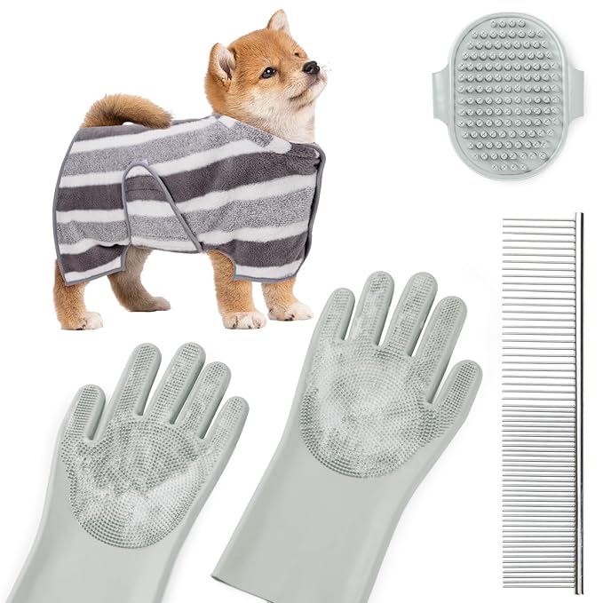 Pet Shower & Bath Supplies,Dog Shampoo Brush Set with Towel, Washing Gloves,Comb for Dogs and Cats (Stripe)