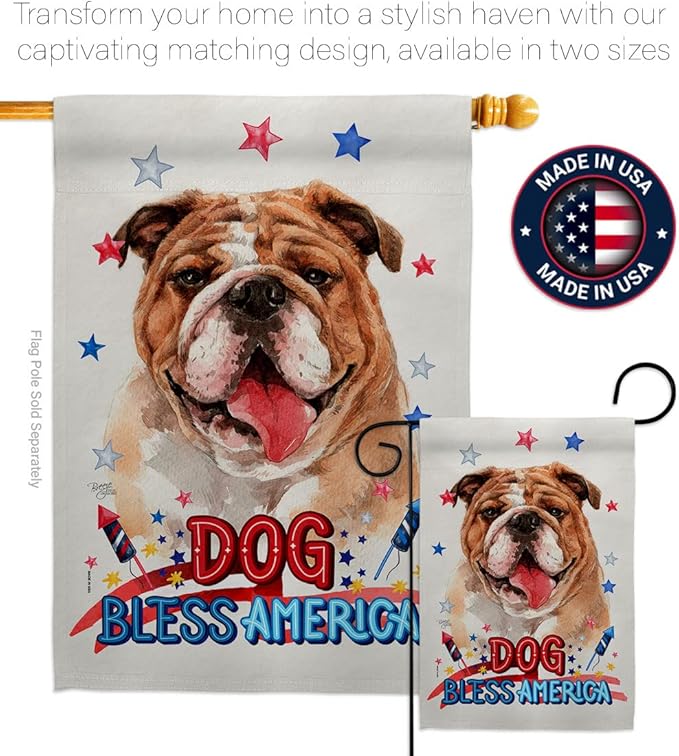Breeze Decor Patriotic Bulldog House Flag Pack Dog Puppy Spoiled Paw Canine Fur Pet Nature Farm Animal Creature Applique Decoration Banner Small Garden Yard Gift Double-Sided, Made in USA