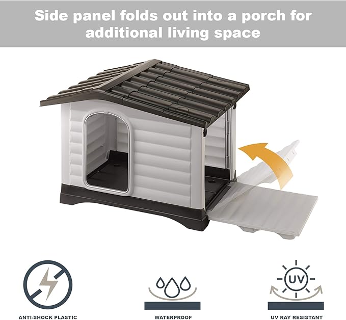 Ferplast Dog Villa XS Dog House for Extra Small Dog Breeds, Measures 23Lx17Wx18H Inches, Ventilated with Patented Fold-Out Porch, Cream with Dark Brown Bottom, Part # 87252799US1