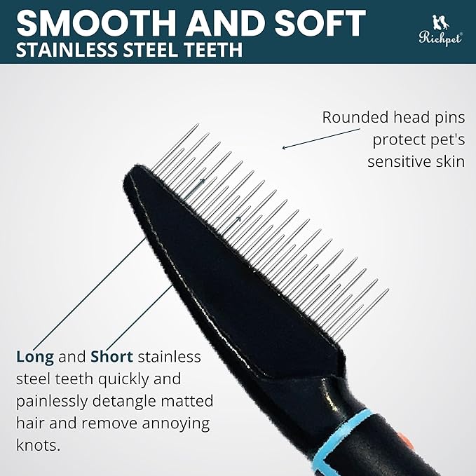 Detangling Pet Comb for Dogs & Cats - Soft On Skin with Stainless Steel Teeth for Removing Matted Fur, Knots & Tangles โ Dog Grooming Comb for Long, Short & Curly Hairs