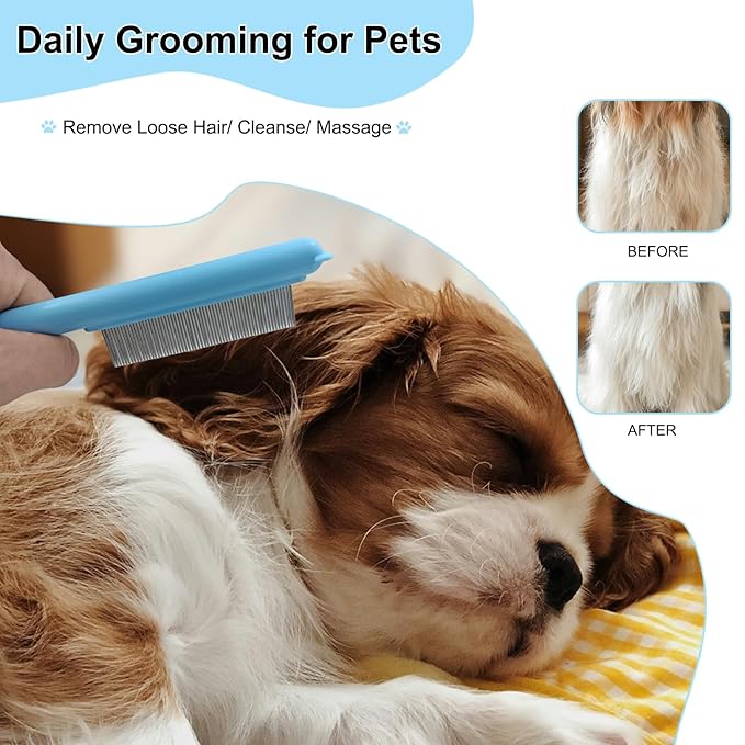Cute Plastic Dog Comb with Stainless Steel Bristles and Furry Ears Design - Pet Grooming Tool for Removing Dirt and Tangles (Blue)