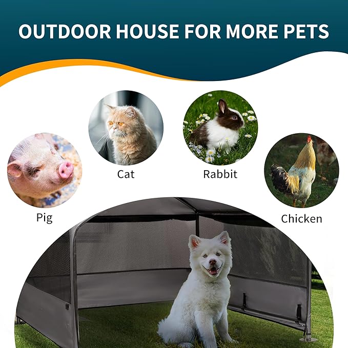 Extra Large Dog House Outdoor with Three-Sided Breathable Mesh Windows, Dog Tent Outside Doghouse Canopy with Ground Stakes, Sun Rain Cover for Cat Goat Livestock Pet, 4'x 4'x 3.3', Gray