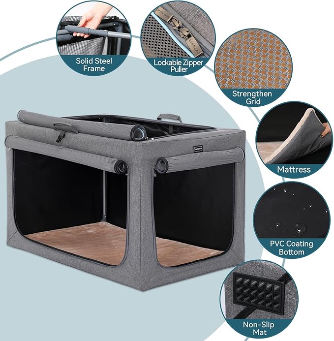 PETSFIT Travel Dog Crate, Soft Sided Dog Crate - 36 Inch Easy Set-up, Light, Sturdy, Comfy Inside with Thicken Mat, Collapsible Crate for Home and Travel Grey