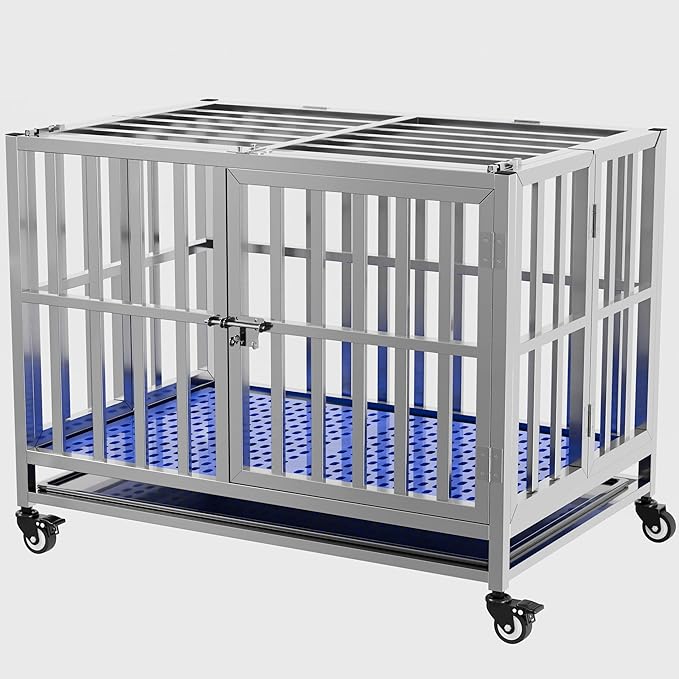 Collapsible Stainless Steel Dog Crate, 30" 37" 42" 48" Sizes, Lockable Wheel, with Tray, Stackable, Heavy Duty, Divider, Indoor and Outdoor (30in Size is Suitable for Small Pets only)