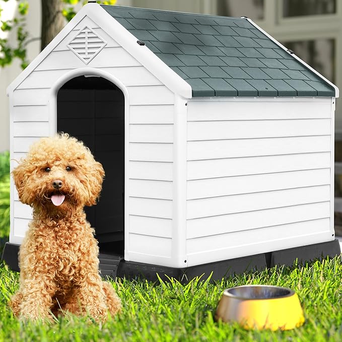 DWVO Robust Weatherproof Dog House, Indoor & Outdoor Safe Haven for Small to Medium Dogs, Easy Assembly & Cleaning (28.5''L*26''W*28''H, Grey)