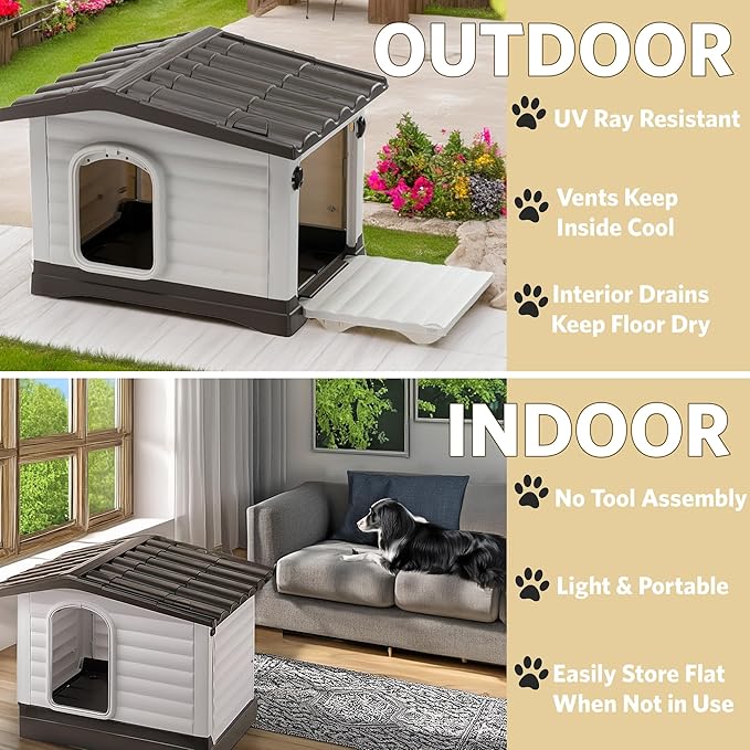 Ferplast Dog Villa XS Dog House for Extra Small Dog Breeds, Measures 23Lx17Wx18H Inches, Ventilated with Patented Fold-Out Porch, Cream with Dark Brown Bottom, Part # 87252799US1
