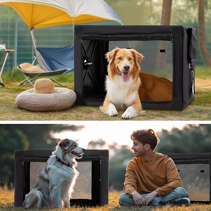 Collapsible Dog Crate - 32 Inch Portable Foldable Travel Crates for Medium Dogs with Detachable Storage Bag, Removable Pad, and Mesh Windows for Outdoor & Indoor (Black)