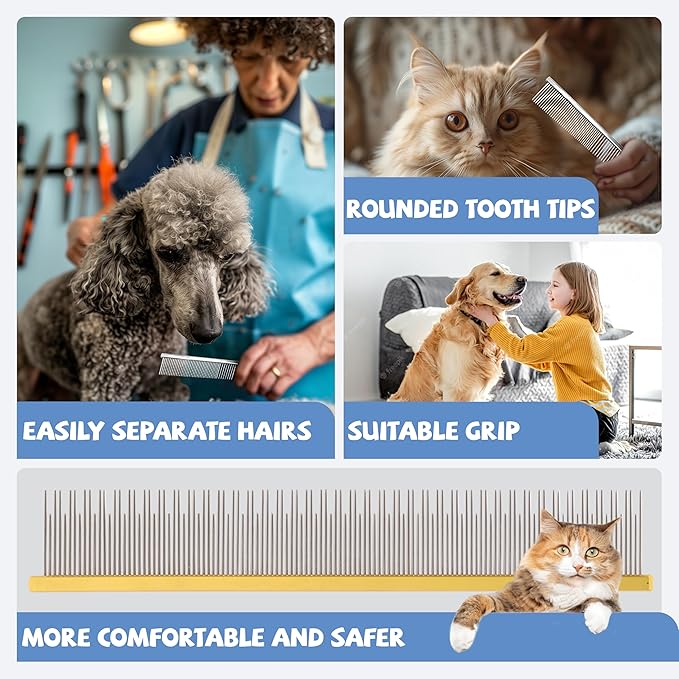8.5 Inch Dual Tooth Pet Comb for Mats and Tangles,Professional Grooming Flea Comb Removing Excess Hair for Long-Haired Cats and Dog Kit,Prevent Undercoat, Excess Hair,Mats and Tangles,Pet Essential