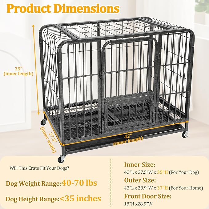Dog Crates for Large Dogs 42 inch, Heavy Duty 10-Gauge Steel Dog Kennel Indoor Escape Proof, Wire Cage for High Anxiety or Arthritic Dogs Comfortable with Lockable Wheels, Bottom Tray Easy to Clean