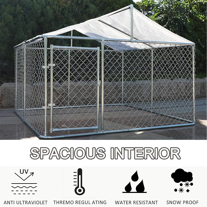 Outdoor Dog Kennel Dog Crate with Lockable Swing Gate,Water & UV Resistant Dog Enclosure Outdoor W/Pitched Roof,Heavy Duty Dog Pens Dog House Outside for Large Dogs,Gray(118"x 118")
