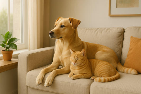 A golden retriever dog and an orange tabby cat relaxing together on a beige sofa in a cozy sunlit living room, creating a warm and peaceful atmosphere.