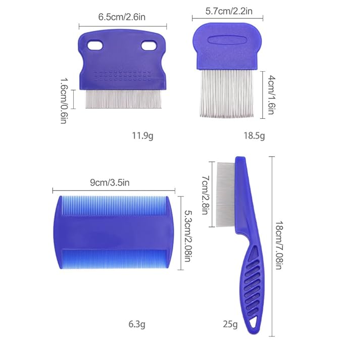Pet Flea Lice Comb Grooming Kit, 4 Pieces, Dense Toothed Comb for Lice and Fleas Removal, Dematting Tool for Small, Medium & Large Pets,Blue