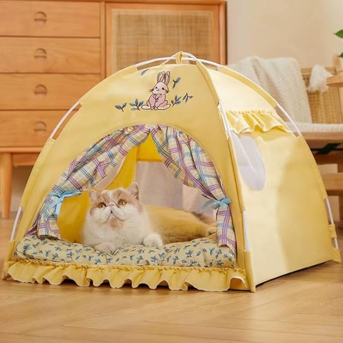 Cute Cat Teepee Cave, Cat Tent Foldable Indoor Outdoor with Thick Mat,Puppy Bed Tent,Bunny Pet Tent Teepee,Portable Dog House Teepee Tent, Cat Bed,Dog Bed Tent,Puppy Bunny,Pet Tent Teepee (Z1, L)
