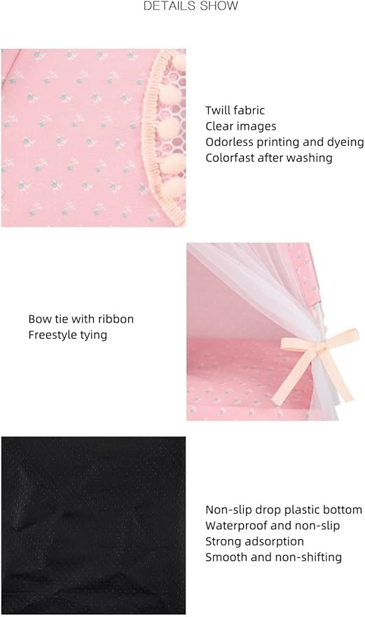 Cat Bed Tents Dog House Indoor Outdoor Lace Mesh Breathable Windows Door Curtains Removable Portable Nest Teepe House (Large,Pink(Flower))