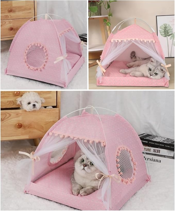 Cat Bed Tents Dog House Indoor Outdoor Lace Mesh Breathable Windows Door Curtains Removable Portable Nest Teepe House (Large,Pink(Flower))