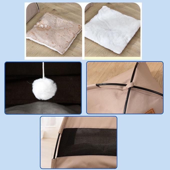 Cute Cat Teepee Cave, Cat Tent Foldable Indoor Outdoor with Thick Mat,Puppy Bed Tent,Bunny Pet Tent Teepee,Portable Dog House Teepee Tent, Cat Bed,Dog Bed Tent,Puppy Bunny,Pet Tent Teepee (Q, S)