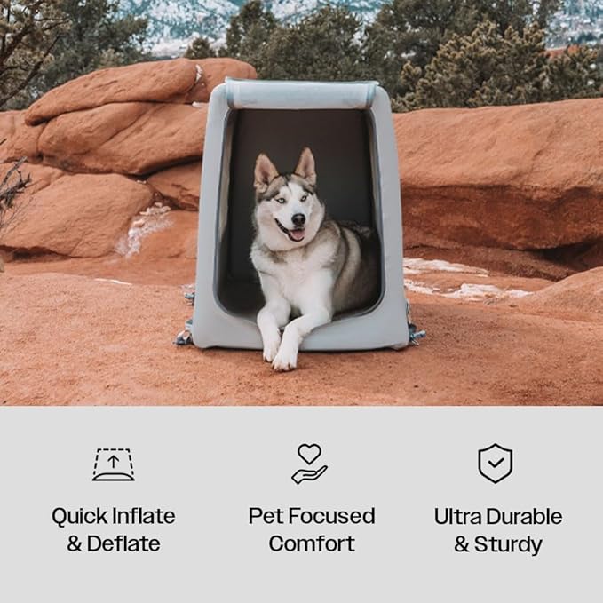 Diggs Enventur Large Dog Kennel - Portable Indoor & Outdoor Dog Kennel - Inflatable Ultra-Durable Travel Crate for Safe Car Travel & Adventures - 40”L x 24”W x 30”H (Grey)