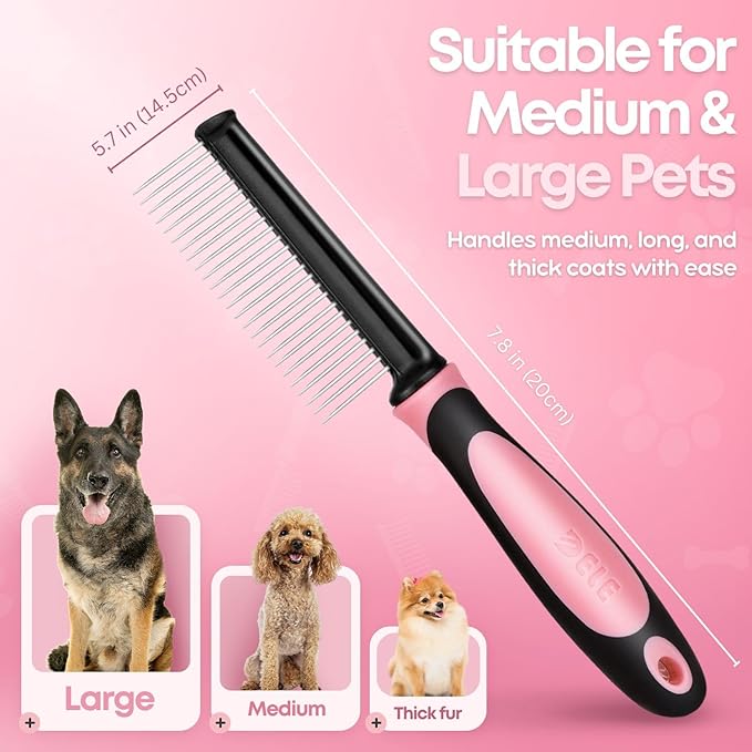 Flexzion Dog Comb - Pet Cat Grooming Trimmer Brush Stainless Steel Blade for Small Animal Puppy Matted Tangles Hair Cutting Removing Tool with Rounded Teeth Needle Soft Grip Handle (Pink)