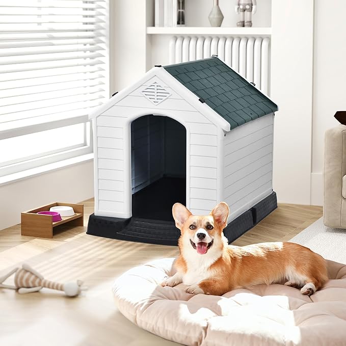 DWVO Robust Weatherproof Dog House, Indoor & Outdoor Safe Haven for Small to Medium Dogs, Easy Assembly & Cleaning (28.5''L*26''W*28''H, Grey)