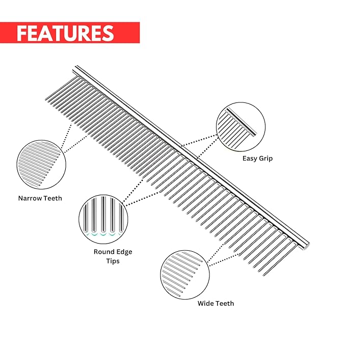 Chrome Pet Grooming Comb Premium Stainless Steel Dematting Tool with Rounded Teeth for Dogs & Cats Best for Removing Knots,Tangles,Perfect for Long & Short Haired Pets (Chrome)
