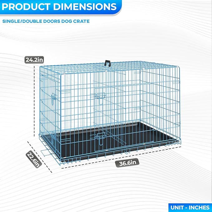 FDW Dog Crate for Medium Dogs 36 Inch Folding Metal WirePet Cage Double Door W/Divider Panel Indoor Outdoor Kennel Leak-Proof Plastic Tray,Blue