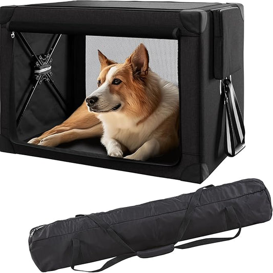 Collapsible Dog Crate - 32 Inch Portable Foldable Travel Crates for Medium Dogs with Detachable Storage Bag, Removable Pad, and Mesh Windows for Outdoor & Indoor (Black)