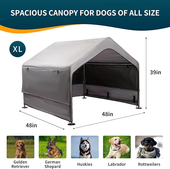 Extra Large Dog House Outdoor with Three-Sided Breathable Mesh Windows, Dog Tent Outside Doghouse Canopy with Ground Stakes, Sun Rain Cover for Cat Goat Livestock Pet, 4'x 4'x 3.3', Gray