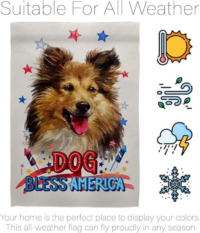 Breeze Decor Patriotic Shetland Sheepdog House Flag Pack Dog Puppy Spoiled Paw Canine Fur Pet Nature Farm Animal Creature Vintage Applique Banner Small Garden Yard Gift Double-Sided, Made in USA