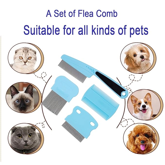 Flea Comb 4-Pieces Jade Green with High Strength Teeth Pet Tear Stain Remover Combs, Dog Cat Grooming Set Effective Float Hair Remover
