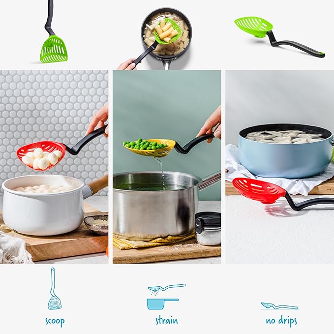 Dreamfarm Lestrain 2-in-1 Drip-Catching Sit-Up Slotted Cooking Spoon Scoop & Strainer - 11" Green