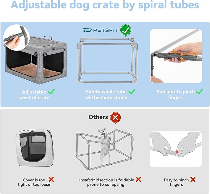 PETSFIT Dog Travel Crate, Soft Sided Dog Crate - 24 Inch Easy Set-up, Light, Sturdy, Comfy Inside with Thicken Mat, Soft Crate for Home and Travel Gray