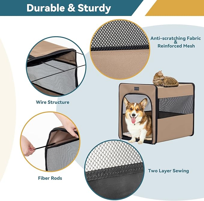 PETSFIT Collapsible Dog Crate, Dog Travel Crate - 24 Inch with Thicken Mat, Easy to Fold, Sturdy and Portable, Perfect for Traveling, Soft Sided Dog Crate Khaki