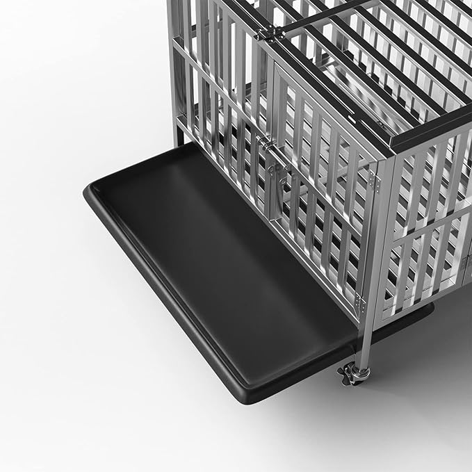 Collapsible Stainless Steel Dog Crate, 30" 37" 42" 48" Sizes, Lockable Wheel, with Tray, Stackable, Heavy Duty, Divider, Indoor and Outdoor （30in Size is Suitable for Small Pets only）
